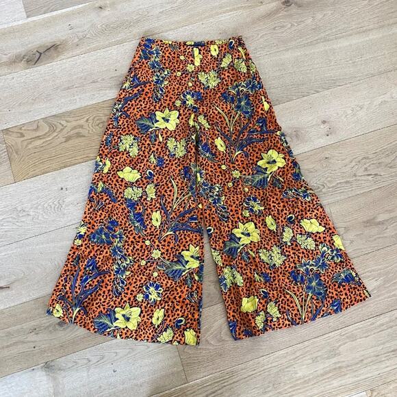 French Connection Floral Silk Palazzo Wide Leg Pants in Orange Yellow Blue - Picture 1 of 5